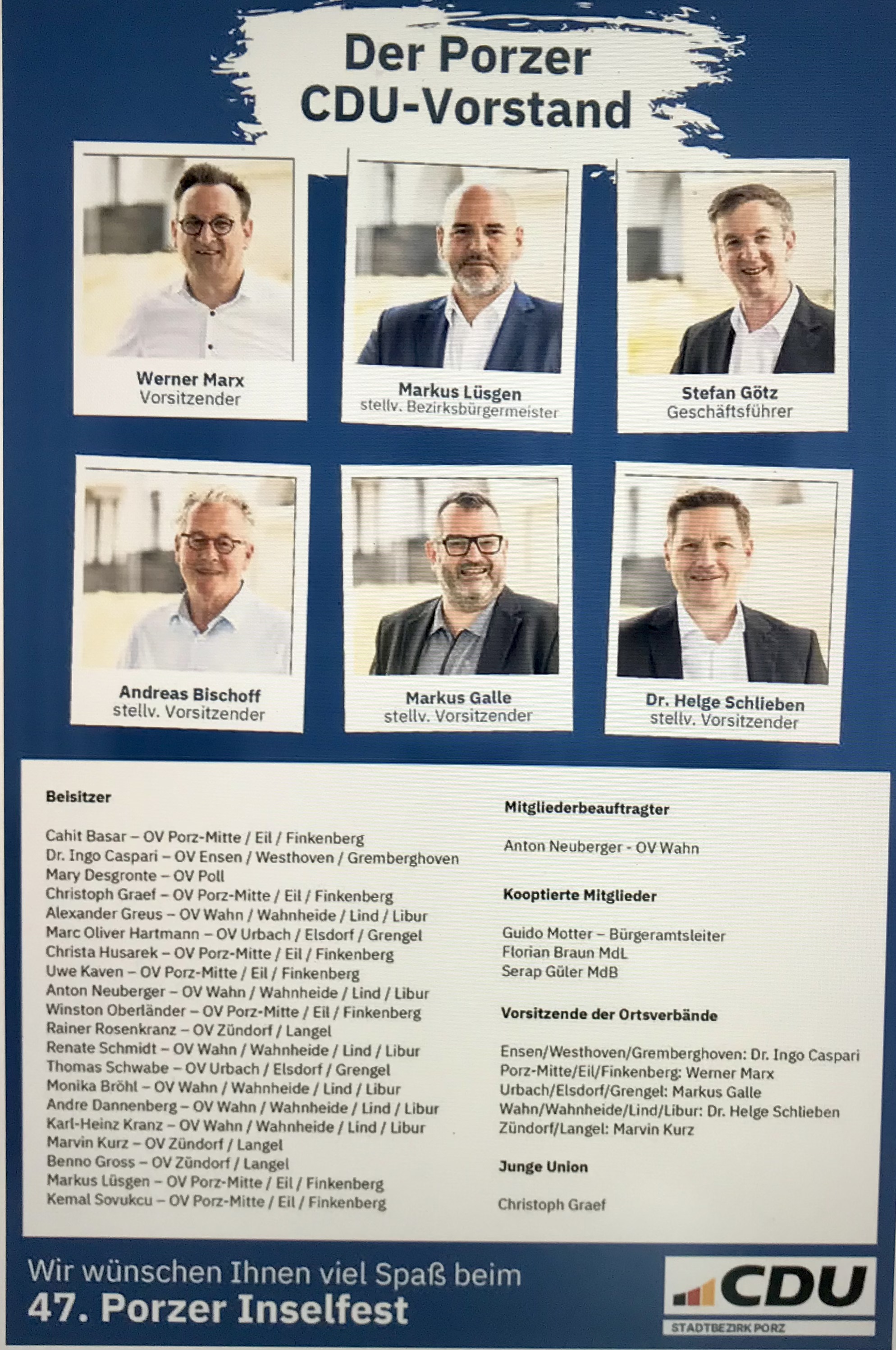 Vorstand CDU Stadtbezirksverband Porz (Quelle: Inselfestzeitung 2026)